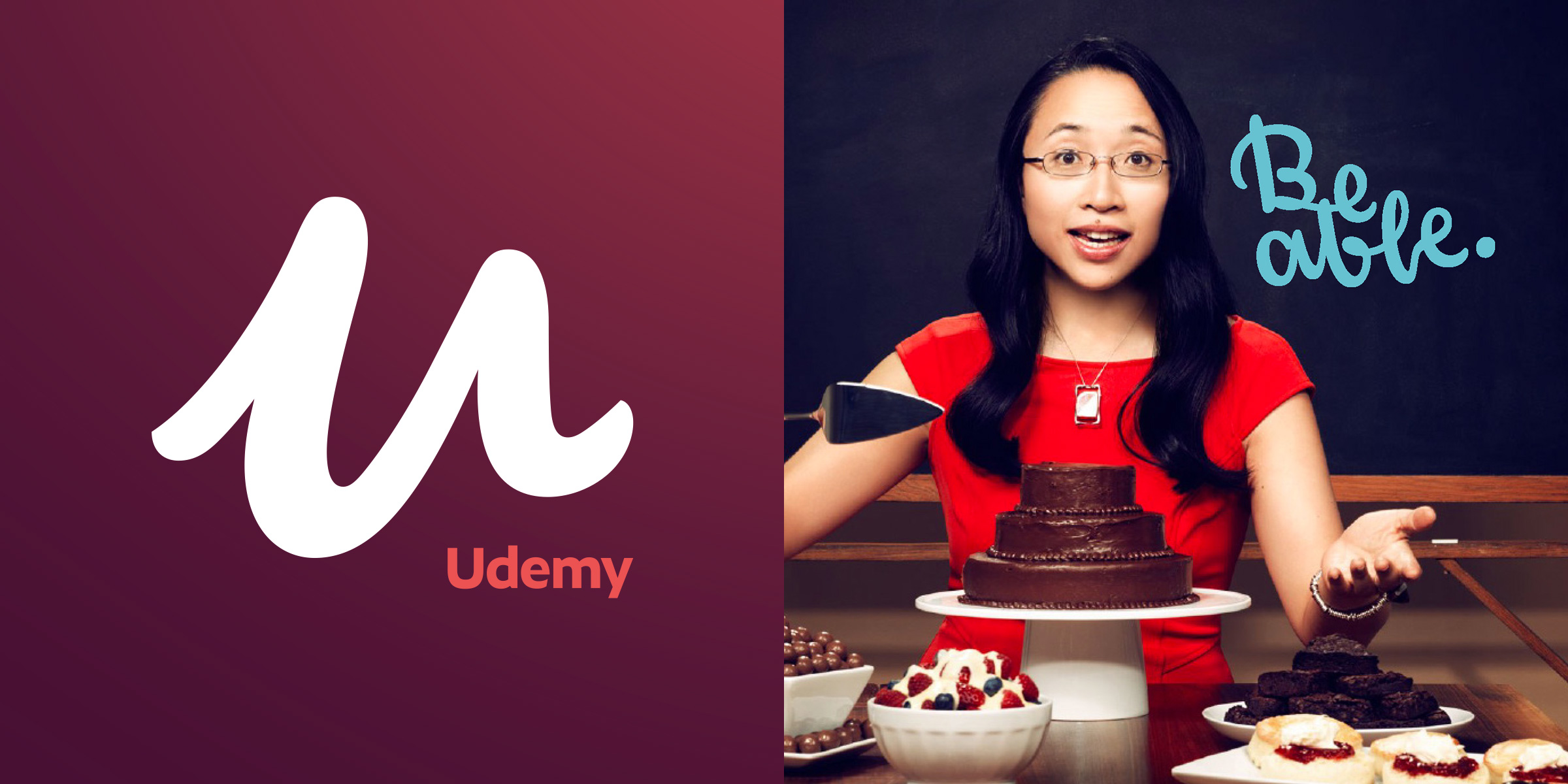 Grid image with two images. On the left is the Udemy logo, a burgundy background with a big letter “U” in white. The image on the right is a female presenting person in their twenties. She has several deserts in around her as she is sitting at a table with a slicing knife. She appears to be in mid sentence as if she is demonstrating something on the topic of baking.
