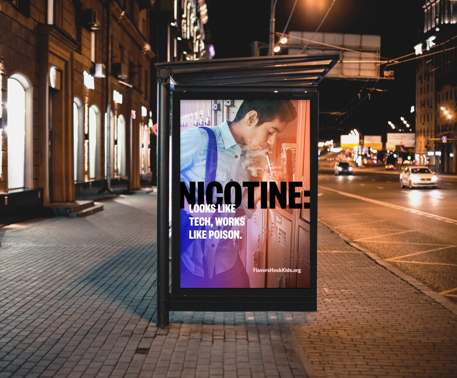 Bus stop billboard ad. Featuring male presenting teen leans into his locker at school and takes a drag of a vape pen. There is text over the image in black and white that reads “Nicotine: looks like tech, works like poison. “Flavorshookkids.org” is in the bottom right side of the image. 