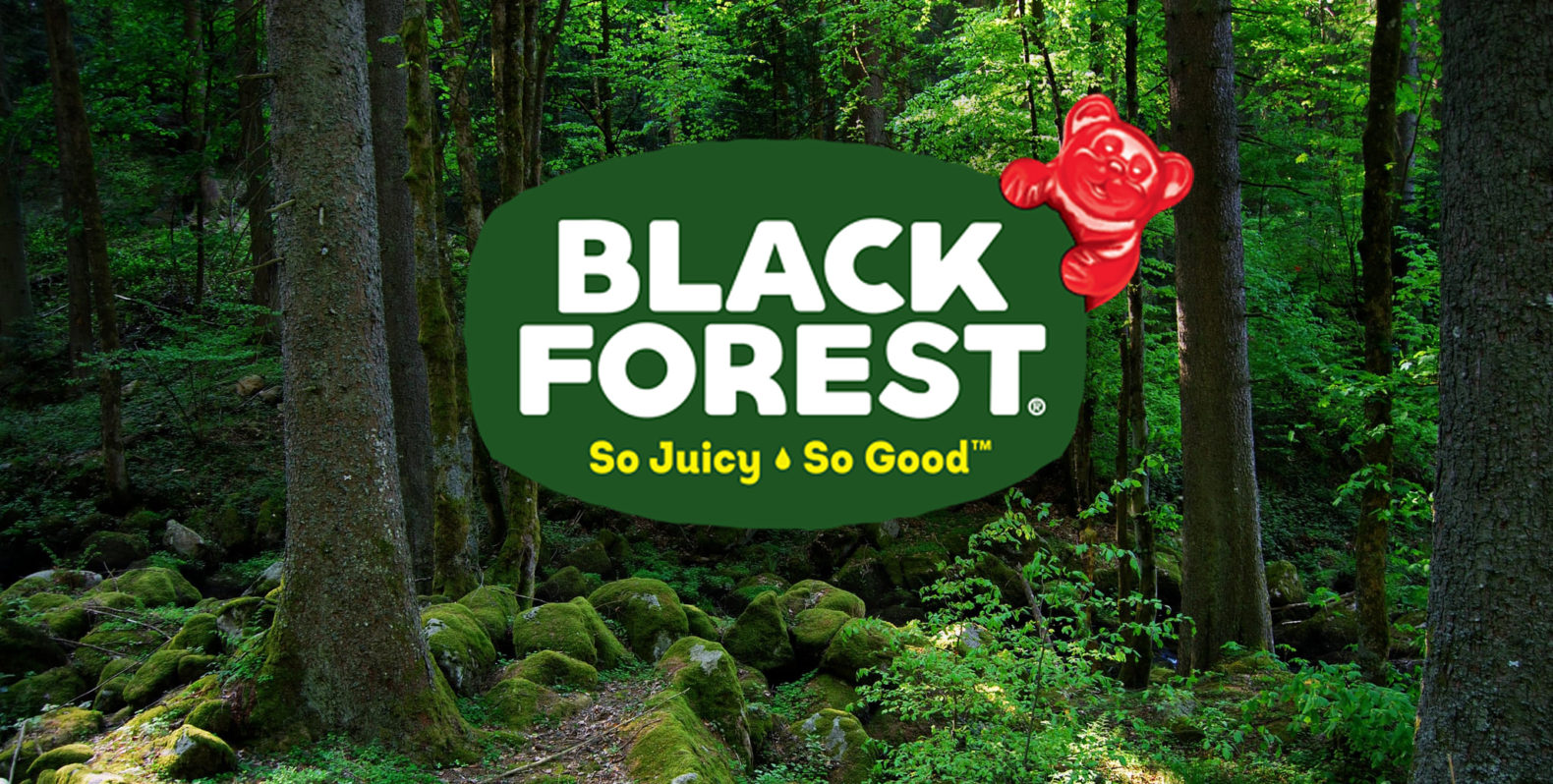 Black Forest, so juicy, so good. The Black Forest logo appears with a red gummy bear hanging over the top. In the background is a lush green forest. Sunlight peaks through and shines on a patch of green plants. 