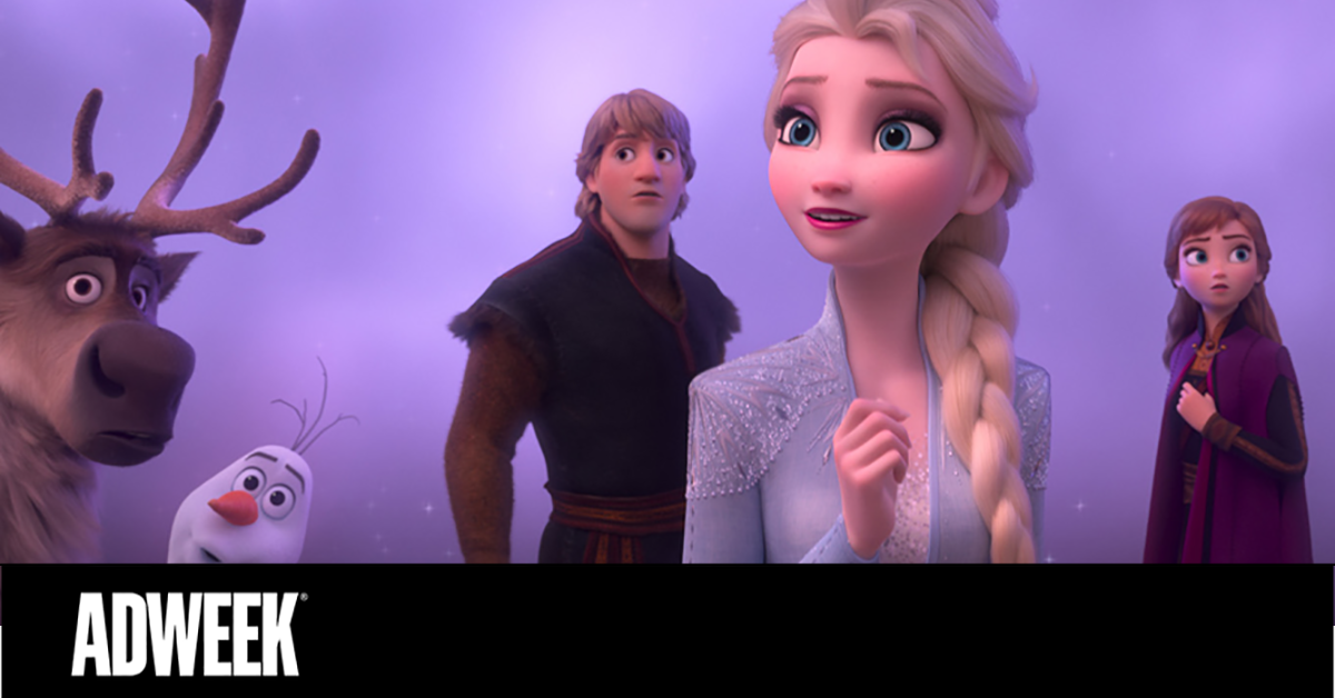 ADWEEK. A scene from the Disney movie Frozen. Elsa, Anna, Olaf, and Sven are posing on a purple background.