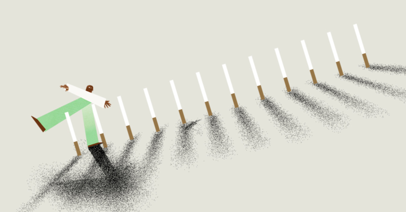 Cut paper style animation of someone walking precariously through a row of tall cigarettes.