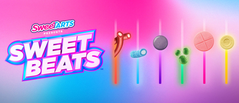 bright, multi-colored background featuring SweeTarts candy as a music equalizer. The SweeTarts logo and SWEET BEATS title sit on the left.