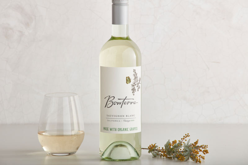 Image of Bonterra Sauvignon Blanc wine bottle and glass of wine