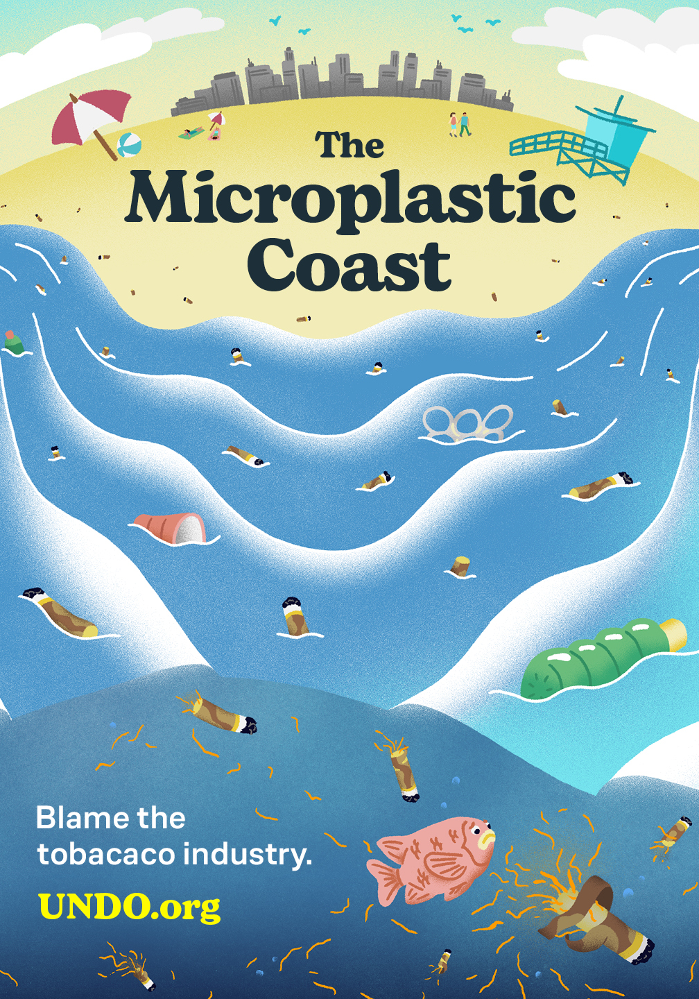 Animation graphic of a city skyline on the sandy beach and a light blue, wavy ocean filled with trash and cigarette butts with black text reading: The Microplastic Coast. (in white) Blame the tobacco industry. UNDO.org