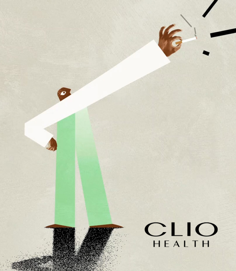 Animation still of person wearing a white shirt and bright green pants with one hand on hip, the other holding a cigarette straight up in the air with drawn smoke; Clio Health logo appeared at bottom right in black