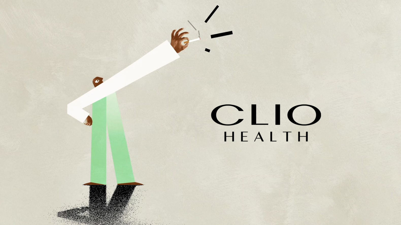Animation still of person wearing a white shirt and bright green pants with one hand on hip, the other holding a cigarette straight up in the air with drawn smoke; Clio Health logo appeared centered in black