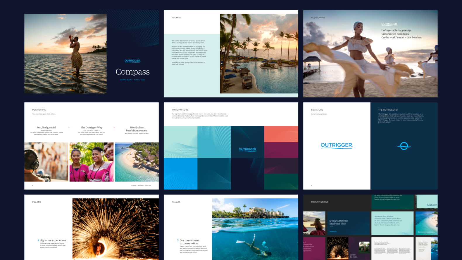 Various layouts for the Outrigger sales deck are shown, featuring a Hawaiian blowing a conch shell in the shallow ocean, a photo of a resort pool framed by palm trees, a photo of three women dancing and twirling their skirts on the beach, plus various imagery of the brand colors, logos and layouts. All colors are varied blues, white and purple.