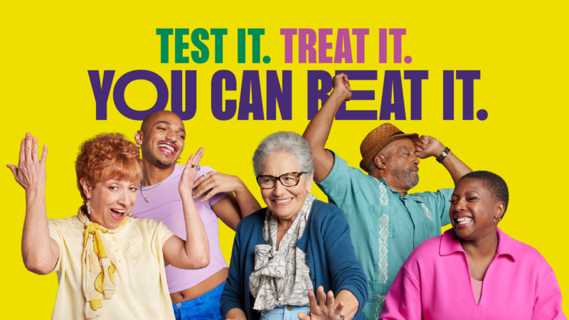 Image showing a diverse group of five (5) people smiling and happy, some with hands raised in the air, wearing shirts that are (in order): yellow, lavender, dark blue, teal and bright pink, bright yellow background with all caps copy, “Test it. Treat it. You can beat it.” in green, pink and then purple font