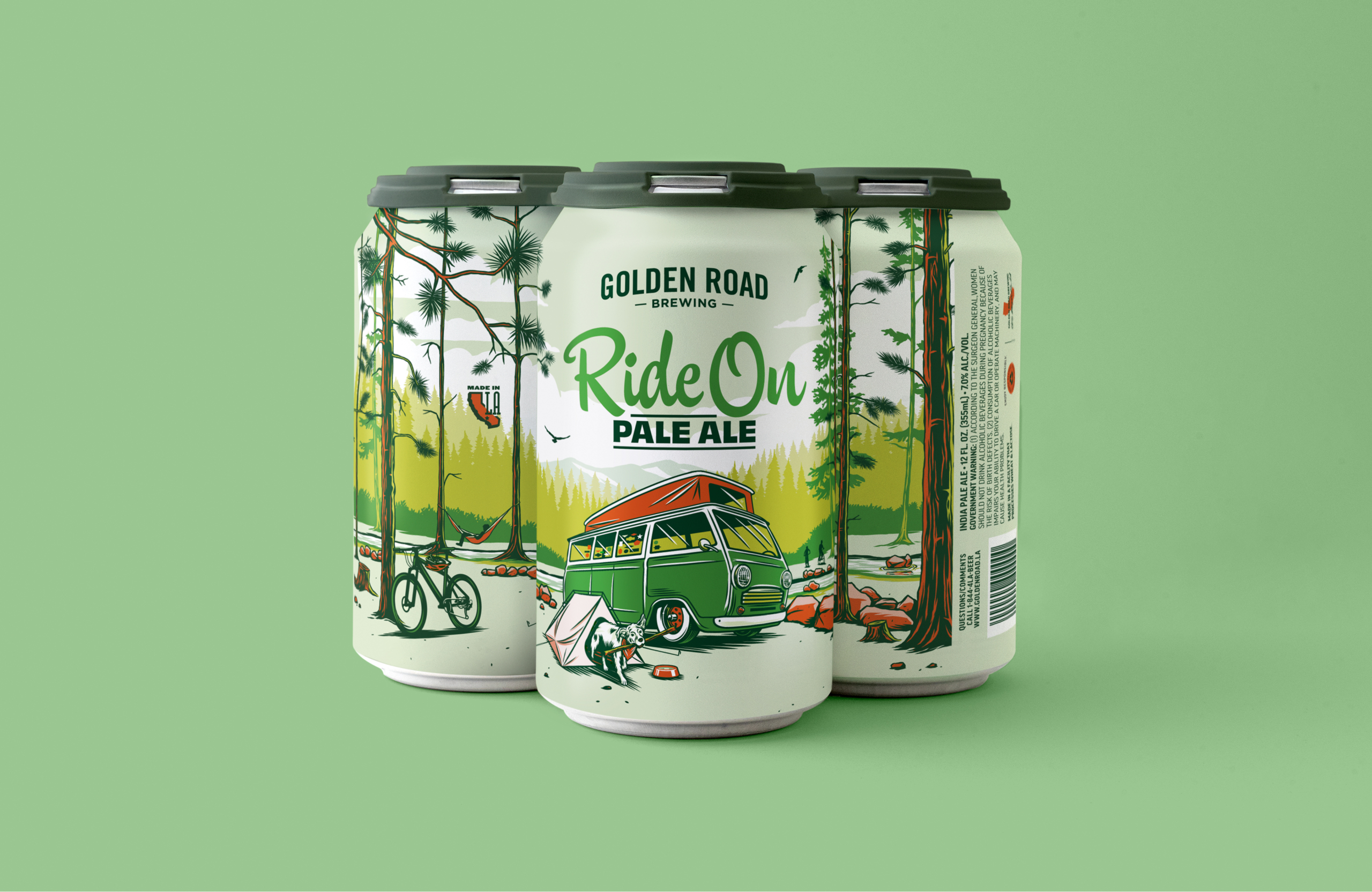 Three cans of Golden Road Ride On Pale Ale against a light green background. The cans are light green with a charming illustration of a vintage green van parked on the shore of a lake in the forest, camping. A cute dog is seen coming out of its own small “pup-tent” in the foreground, carrying a stick. The beer name is Ride On Pale Ale, which is seen in playful kelly green script and dark green block letters.