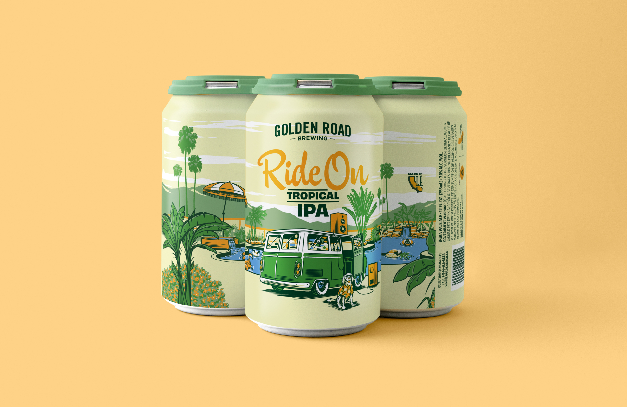 Three cans of Golden Road Ride On Tropical IPA against a yellow background. The can is greenish yellow with an illustration of a vintage green van parked next to a pool. The van has vintage speakers attached to its radio. A dog sits next to the van, implausibly wearing sunglasses and a Hawaiian shirt. The beer name 