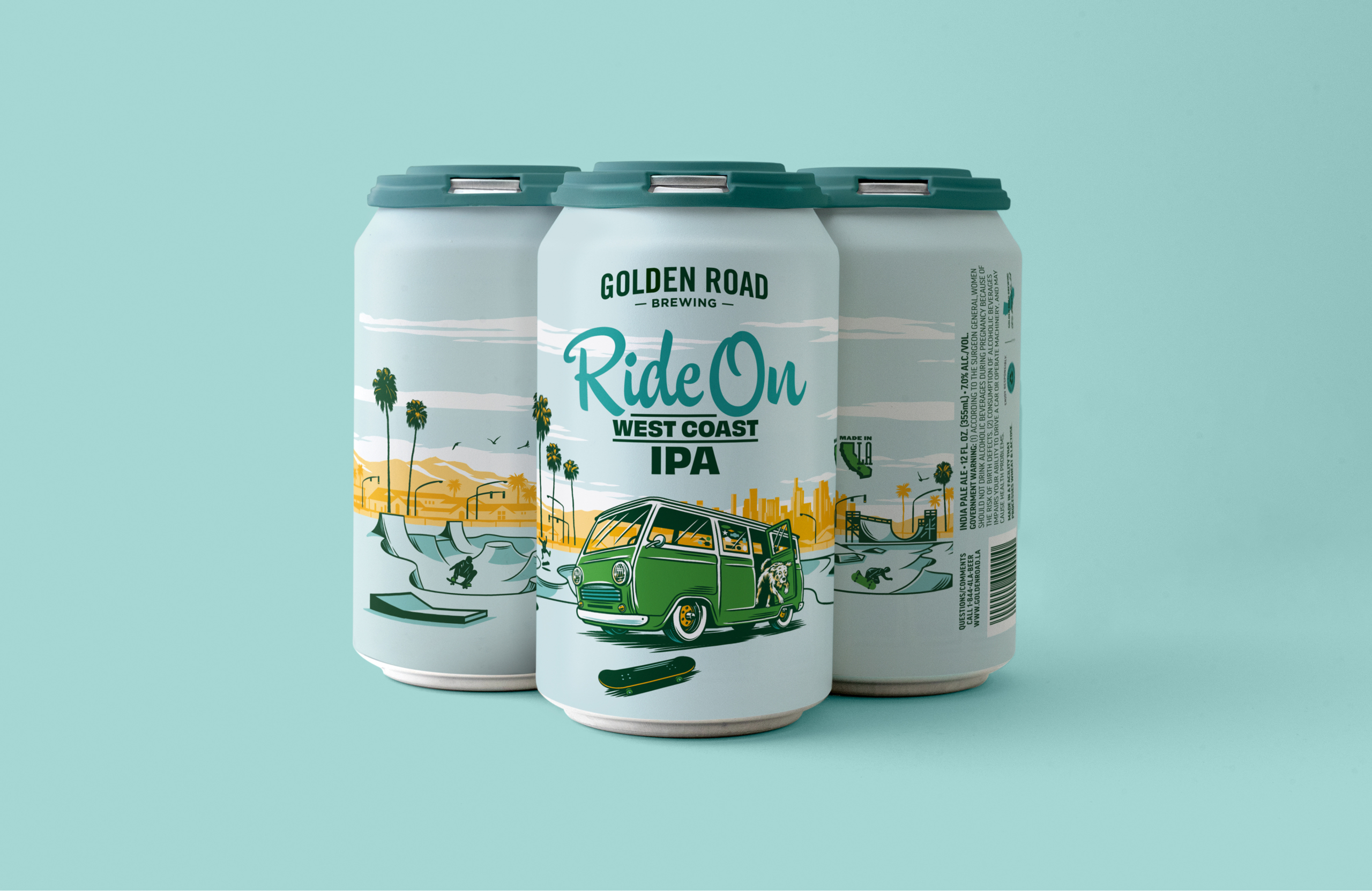 Three cans of Golden Road Ride On West Coast IPA against a light aqua background. The can is light blue with an illustration of a vintage green van parked in front of a skate park with palm trees and a city skyline in the background. A dog leaps from the van toward a dark green skateboard. The beer name 