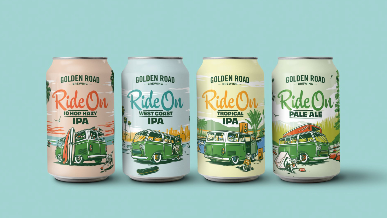 Four cans of Golden Road Ride On beer against a light aqua background. Going left to right: Pink can of 10 Hop Hazy IPA, light blue can of West Coast IPA, yellow can of Tropical IPA, and a light green can of Pale Ale. Details of what is in each can’s illustrations can be found in earlier images on this page.