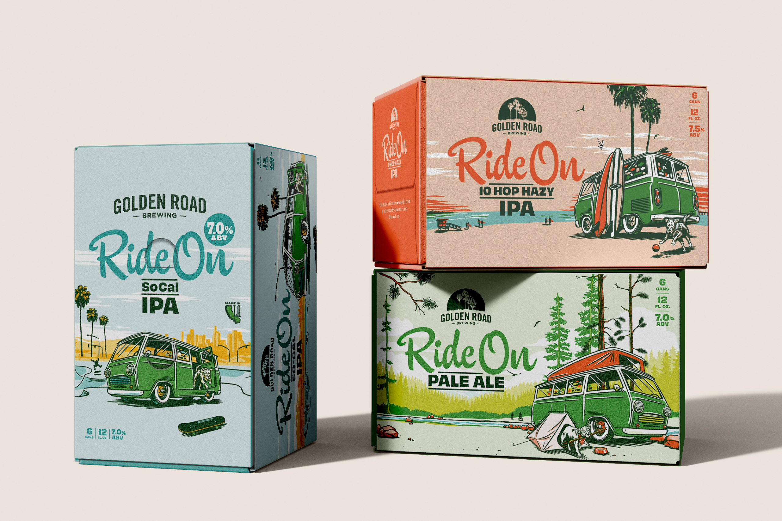 Three cases of Golden Road Ride On beer sit on a neutral beige background. Each shows the same vintage green van parked in various outdoor locations around the state of California: a skate park, beach, and the mountains. The cases are blue for SoCal IPA, pink for 10 Hop Hazy IPA, and green for Pale Ale.