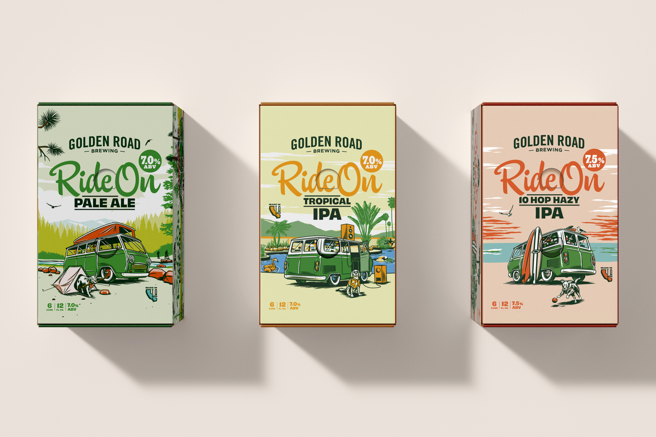 Three cases of Golden Road Ride On beer sit on a neutral beige background. Each shows the same vintage green van parked in various outdoor locations around the state of California: mountains, pool side, and beach. The cases are green for Pale Ale, yellow for Tropical IPA, and pink for 10 Hop Hazy IPA.