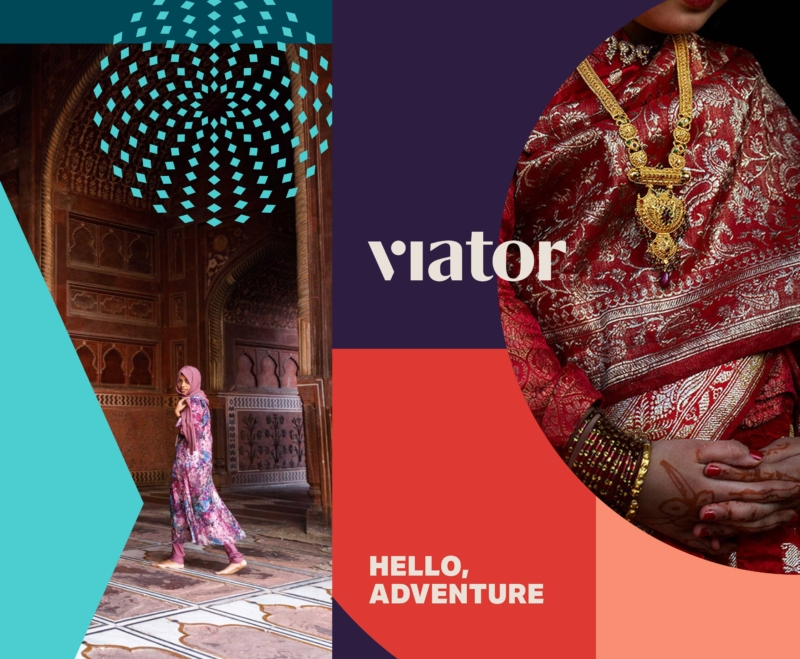 Cover photo for a story about the Viator’s brand redesign. Included in the image are a barefoot 20-something female-presenting person in a pink and blue tunic and mauve hijab. She’s walking in an empty, earth-toned hall with Middle Eastern architectural details. Also included is an image of a person in a deep red sari, ornate gold necklace and stack of wrist bangles. The image showcases Viator’s new color palette, with hues of coral, salmon, eggplant and turquoise. The image includes the brand’s new tagline “Hello, adventure.”
