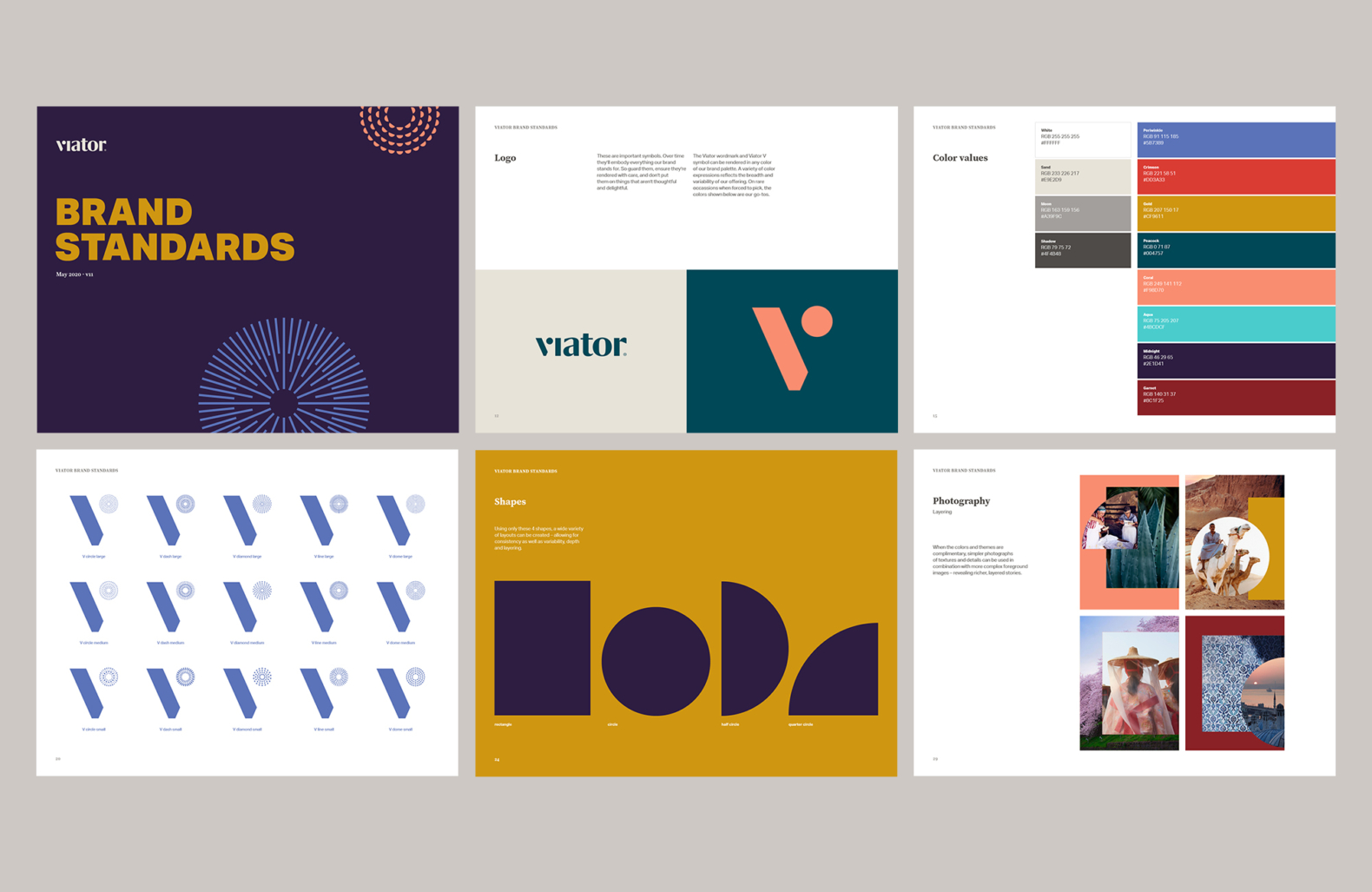 Excerpts from Viator’s new Brand Standards, which includes a breakdown of Viator’s new logo and its variations; color palette; a toolkit of shapes composed of a rectangle, circle, half circle and quarter circle; and photography guidelines. 